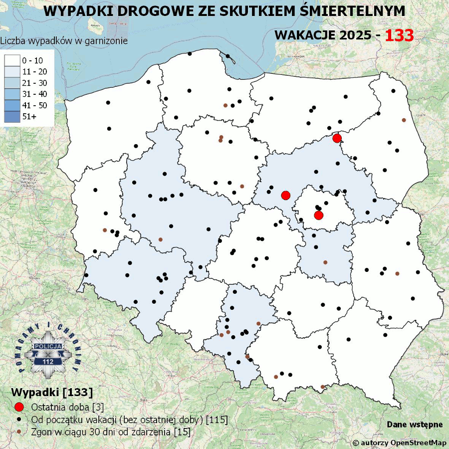 Mapa przedstawiająca wypadki drogowe ze skutkiem śmiertelnym w Polsce, z oznaczeniami miejsc zdarzeń.