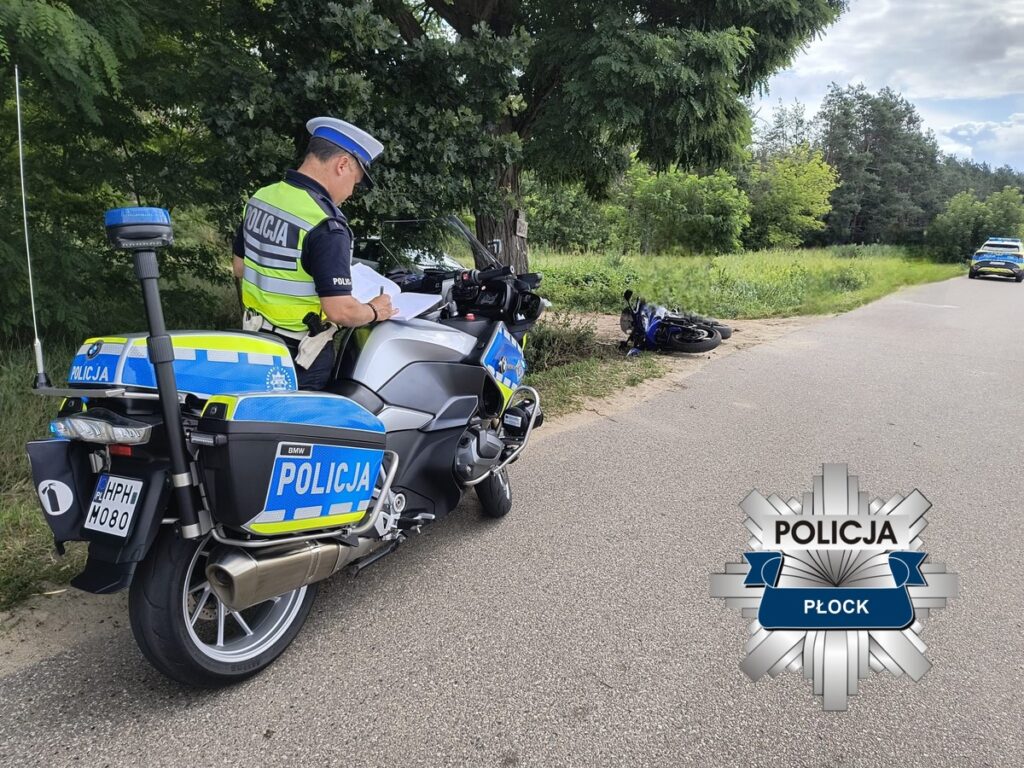 Mundurowy policjant notujący dane na poboczu drogi obok przewróconego motocykla.
