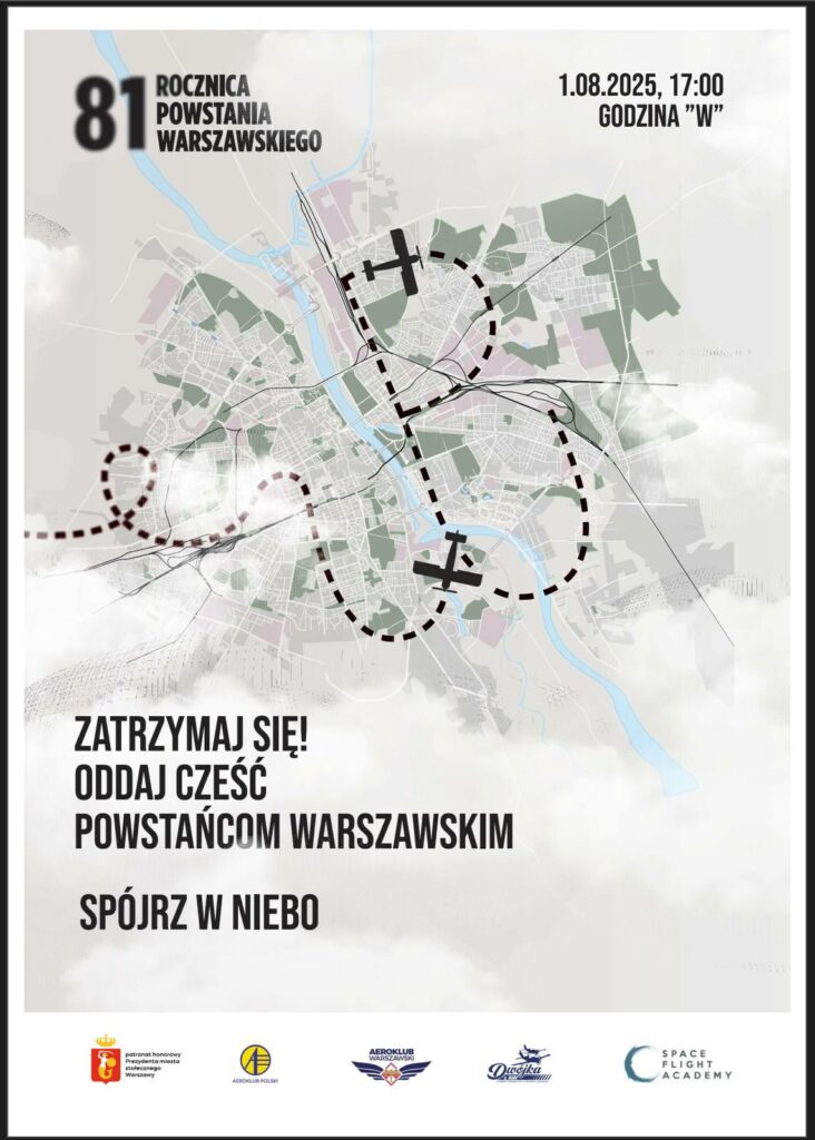 Plakat informujący o 81. rocznicy Powstania Warszawskiego z datą, godziną i hasłami zachęcającymi do oddania czci powstańcom.
