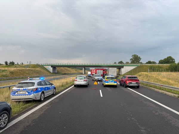 Na drodze ekspresowej zatrzymane pojazdy, w tym radiowozy, oraz wóz strażacki, w tle wiadukt.