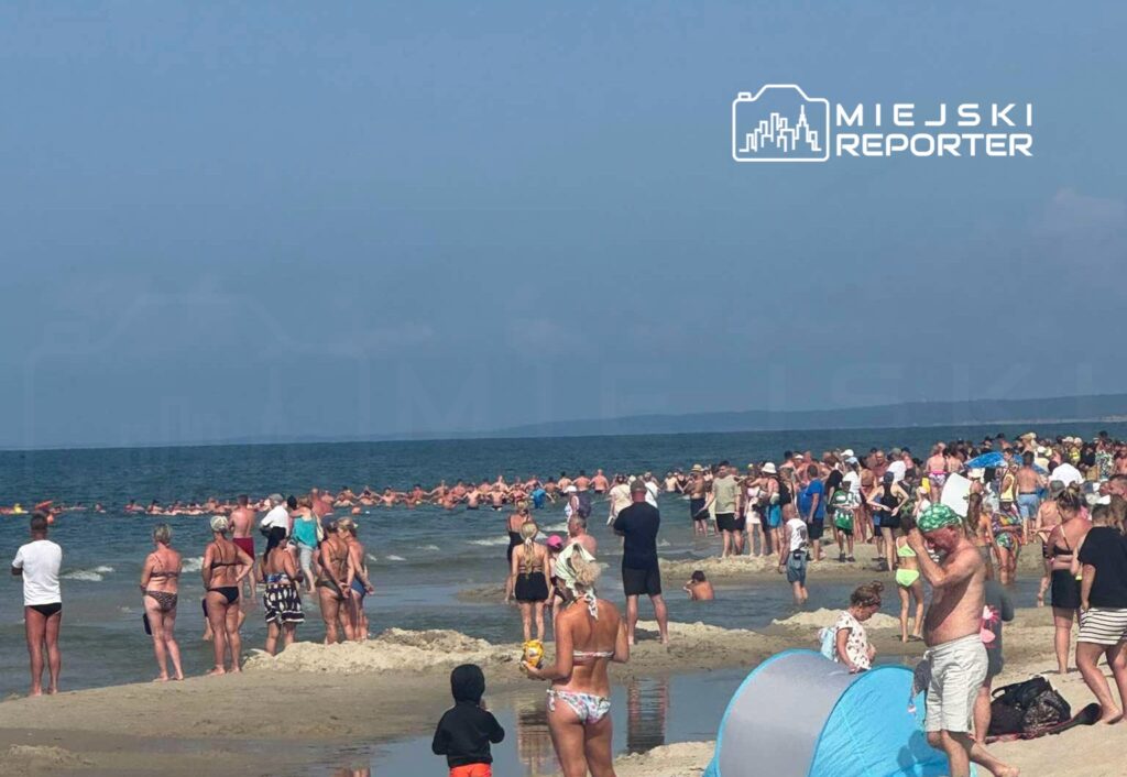 Tłum osób przebywających na plaży, niektórzy w wodzie, inni na brzegu, w słoneczny dzień.
