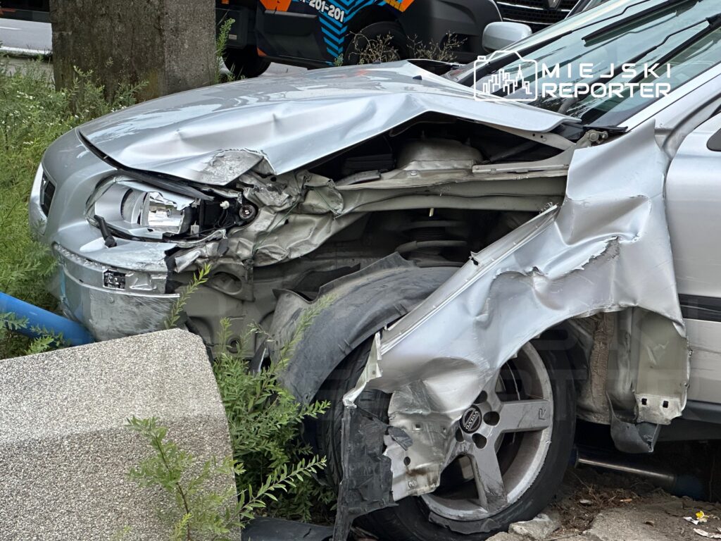Uszkodzony srebrny samochód osobowy z wgniecioną przednią częścią, zaparkowany w zaroślach obok betonu.