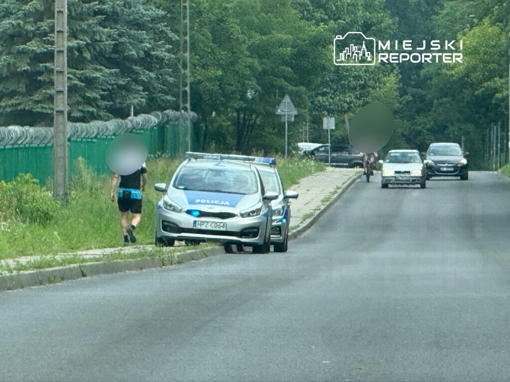 Policjant spacerujący wzdłuż drogi obok radiowozu, w tle przejeżdżające samochody i rowerzysta.