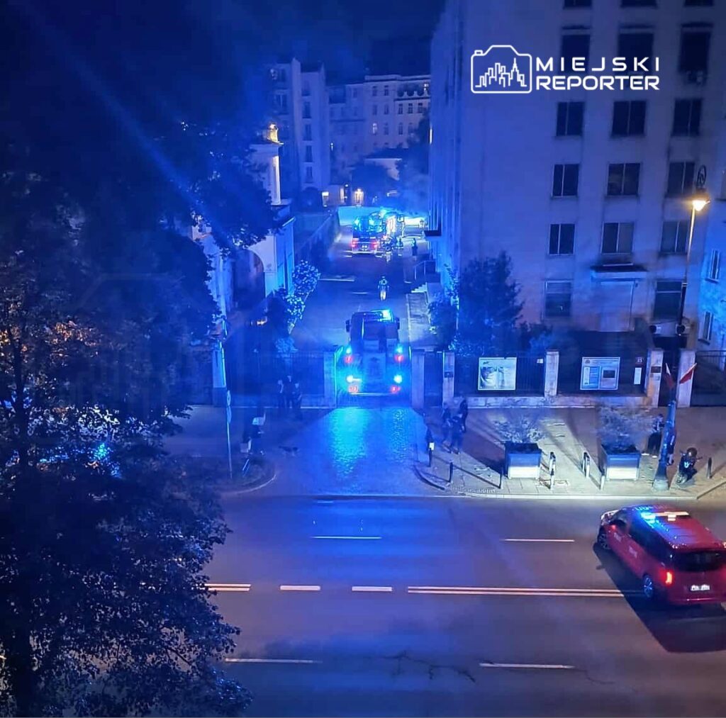 W nocy na ulicy widoczne niebieskie światła radiowozów i wozów strażackich, w tle budynki mieszkalne.