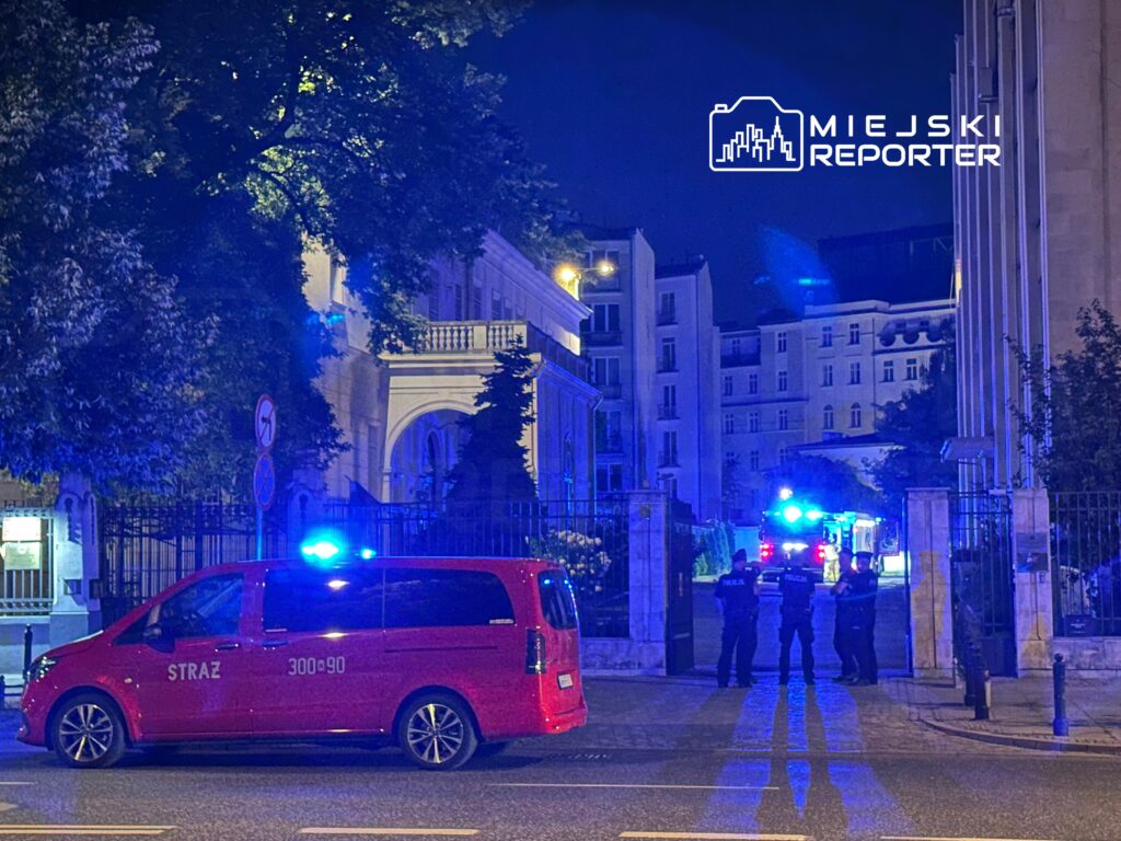 Czerwony samochód straży pożarnej z włączonymi sygnałami świetlnymi stoi na ulicy, obok grupy policjantów w nocy.