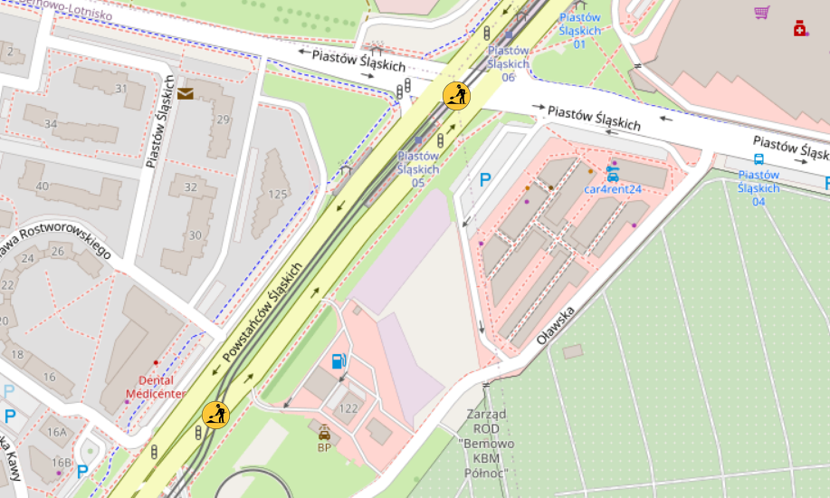 Mapa przedstawiająca okolice stacji Piastów Śląskich z oznaczeniami robót drogowych oraz lokalizacjami parkingów.