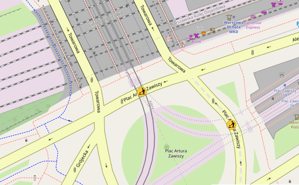 Mapa przedstawiająca Plac Zawiszy oraz okoliczne ulice i linie kolejowe w Warszawie.