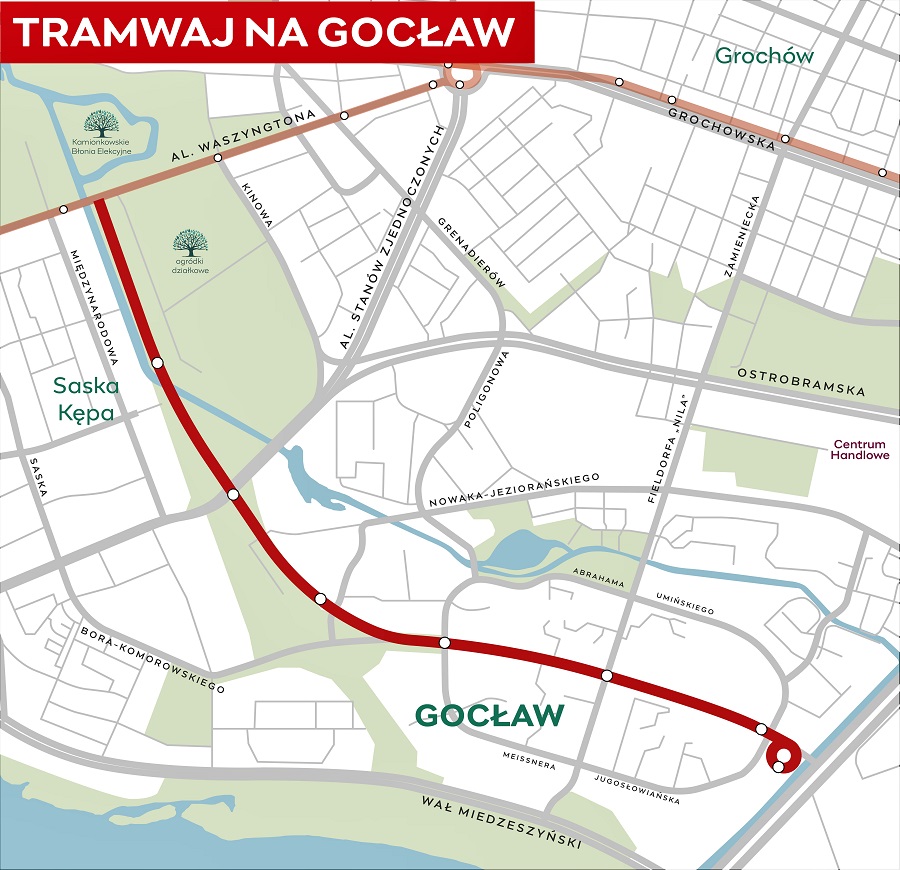 Mapa przedstawiająca trasę tramwaju na Gocław, z zaznaczonymi przystankami i lokalnymi punktami orientacyjnymi.