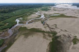Szeroka panorama piaszczystego terenu z wijącymi się strumieniami i zielonymi zaroślami w tle.