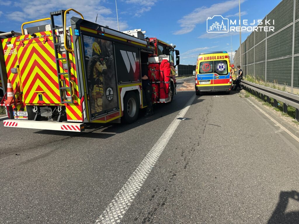 Na zdjęciu widać strażacki wóz ratunkowy oraz ambulans na drodze. Służby ratunkowe interweniują w miejscu zdarzenia. W tle widoczny jest fragment drogi oraz siatka oddzielająca jezdnię. Akcja ratunkowa odbywa się w słoneczny dzień, co może wpływać na widoczność i warunki pracy służb.
