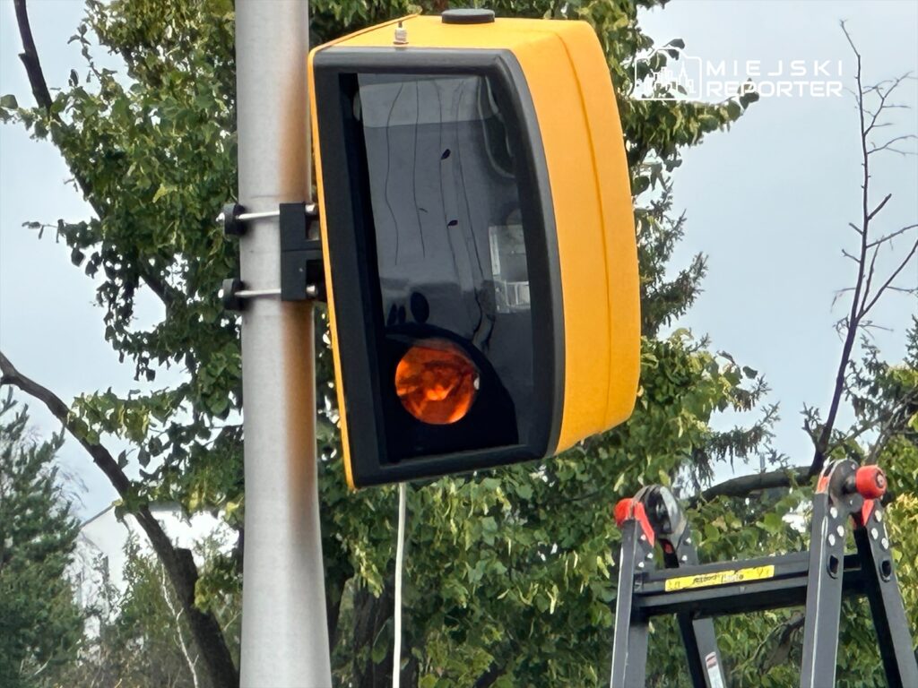 Sygnalizator świetlny w kolorze żółtym z migającym światłem umieszczony na słupie, w tle drzewa i drabina.