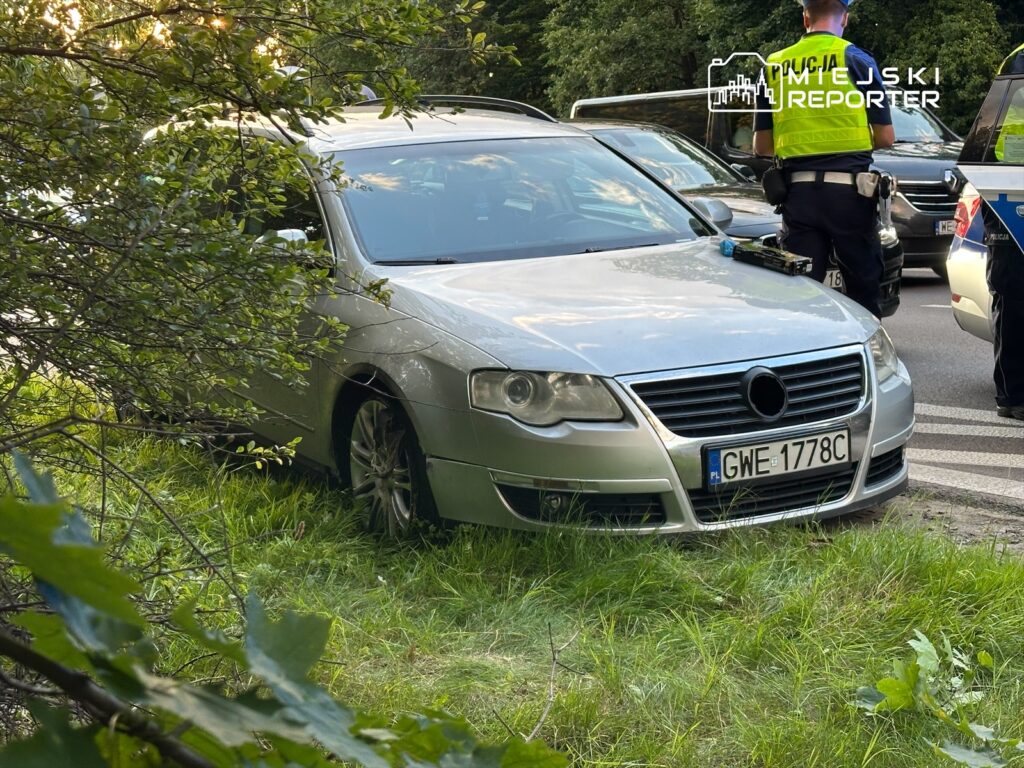 Srebrny samochód osobowy zaparkowany na trawie obok drogi, obok dwóch policjantów w kamizelkach odblaskowych.