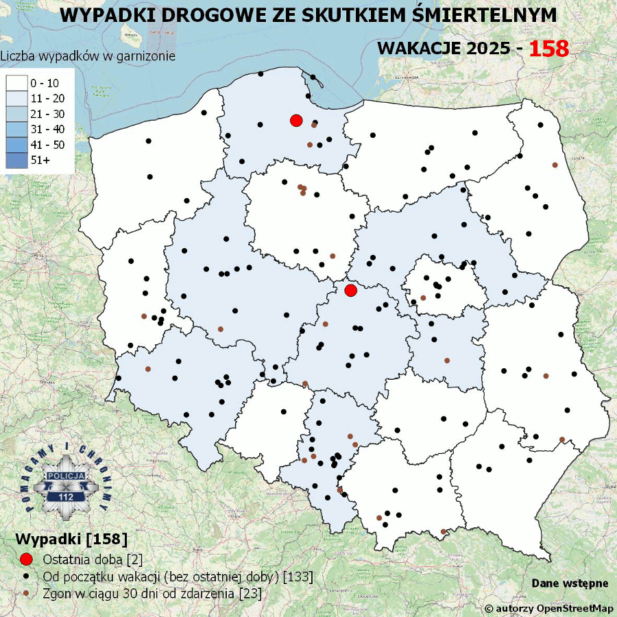 Mapa przedstawiająca wypadki drogowe ze skutkiem śmiertelnym w Polsce w wakacje 2025, z oznaczeniem lokalizacji zdarzeń.
