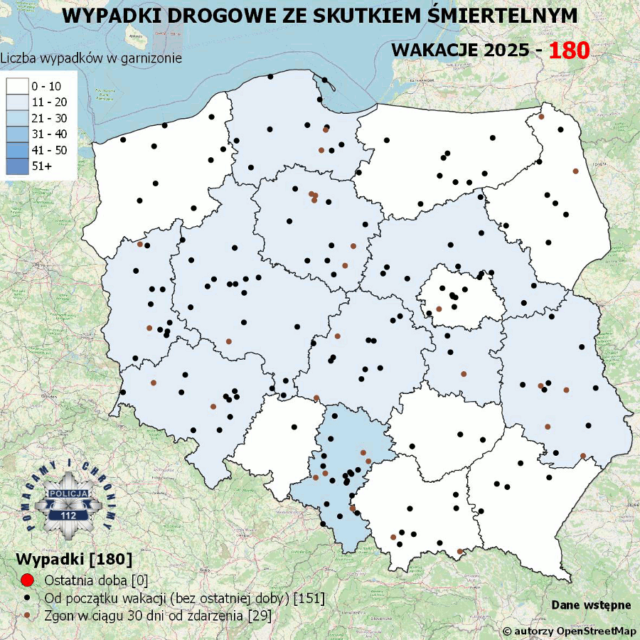 Mapa z oznaczeniami wypadków drogowych ze skutkiem śmiertelnym w Polsce, z danymi na wakacje 2025.