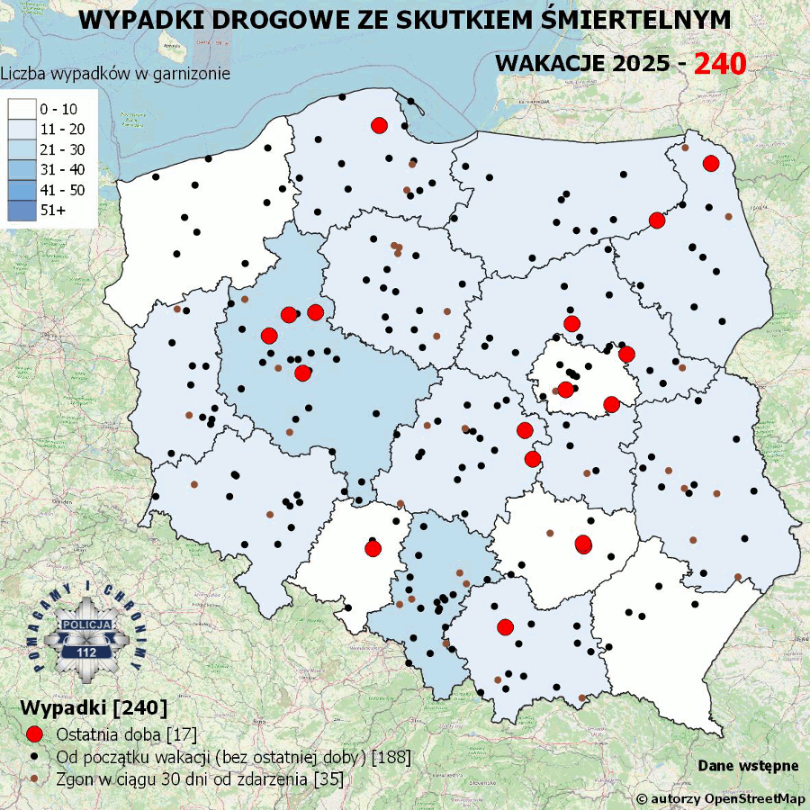 Mapa przedstawiająca wypadki drogowe ze skutkiem śmiertelnym w Polsce, z oznaczeniami miejsc zdarzeń.