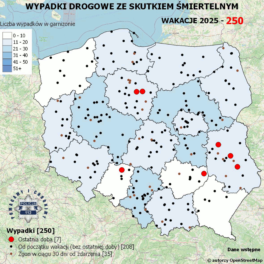 Mapa przedstawiająca wypadki drogowe ze skutkiem śmiertelnym w Polsce, z oznaczeniem miejsc zdarzeń.