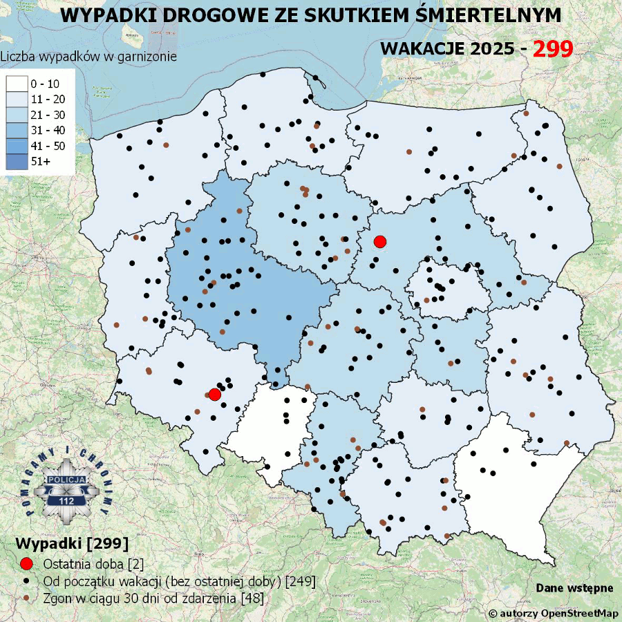 Mapa przedstawiająca wypadki drogowe ze skutkiem śmiertelnym w Polsce w wakacje 2025, z oznaczeniem miejsc zdarzeń.