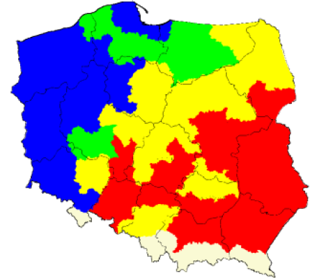 Mapa Polski podzielona na różnokolorowe obszary, reprezentujące różne regiony lub jednostki administracyjne.