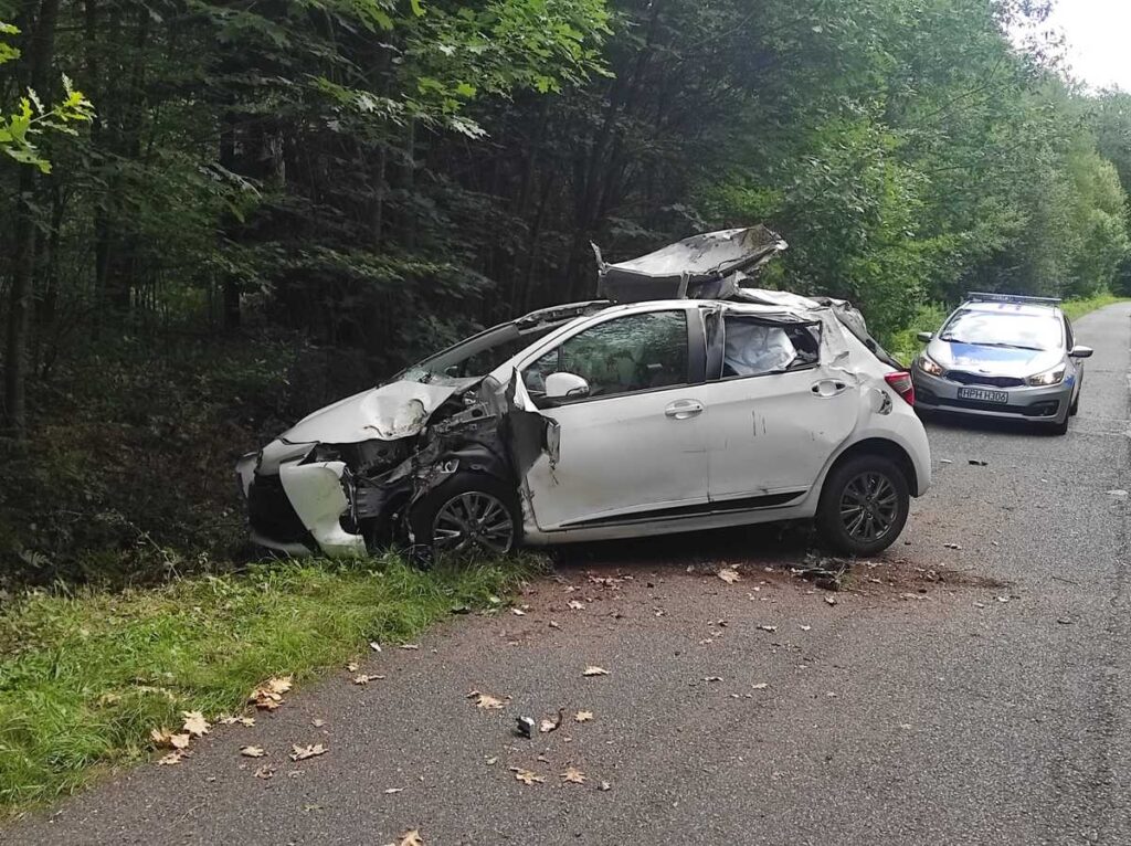 Zniszczony samochód osobowy leży w rowie przy leśnej drodze, obok stoi policyjny radiowóz.