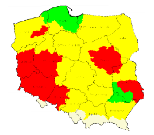 Mapa Polski z zaznaczonymi obszarami w kolorach żółtym, czerwonym i zielonym, przedstawiająca różne regiony.