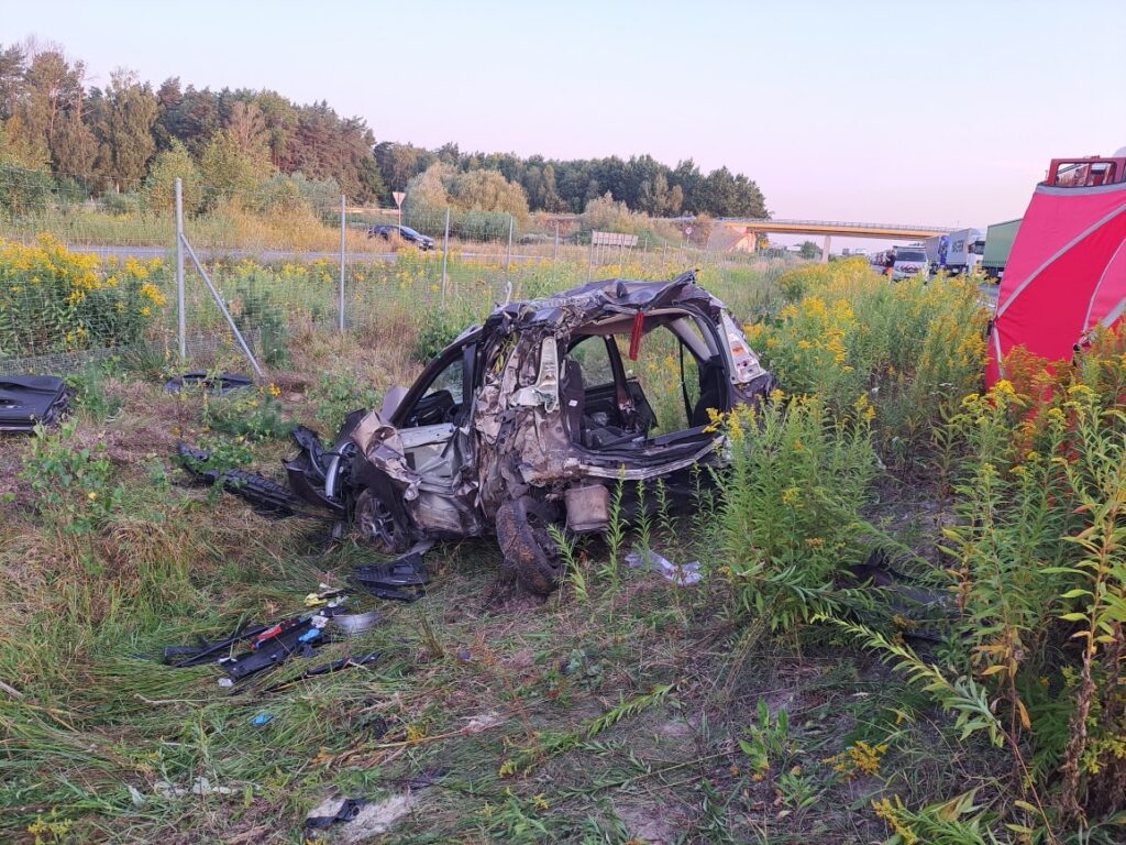 Zniszczony samochód leży w trawie obok drogi, otoczony dziką roślinnością i ogrodzeniem.