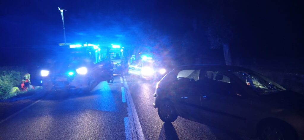 Na drodze nocą stoją pojazdy służb ratunkowych z włączonymi sygnałami świetlnymi, obok widoczny jest ratownik.