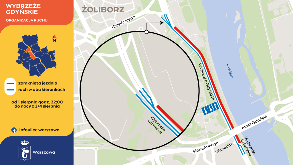 Mapa z informacjami o zamknięciu jezdni na Wybrzeżu Gdyńskim w Warszawie, z zaznaczeniem objazdów.
