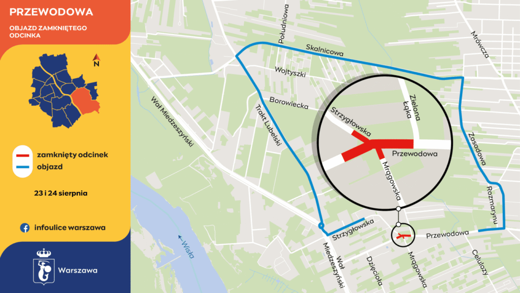 Mapa z zaznaczonym zamkniętym odcinkiem ulicy Przewodowej oraz objazdem w dniach 23 i 24 sierpnia.