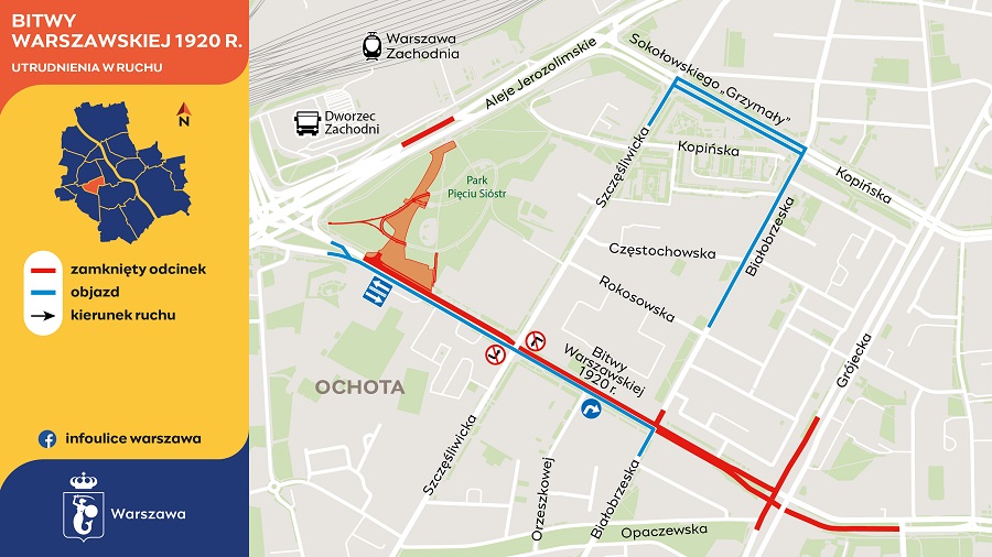 Mapa z informacjami o utrudnieniach w ruchu związanych z obchodami Bitwy Warszawskiej 1920 r., z zaznaczonymi objazdami.