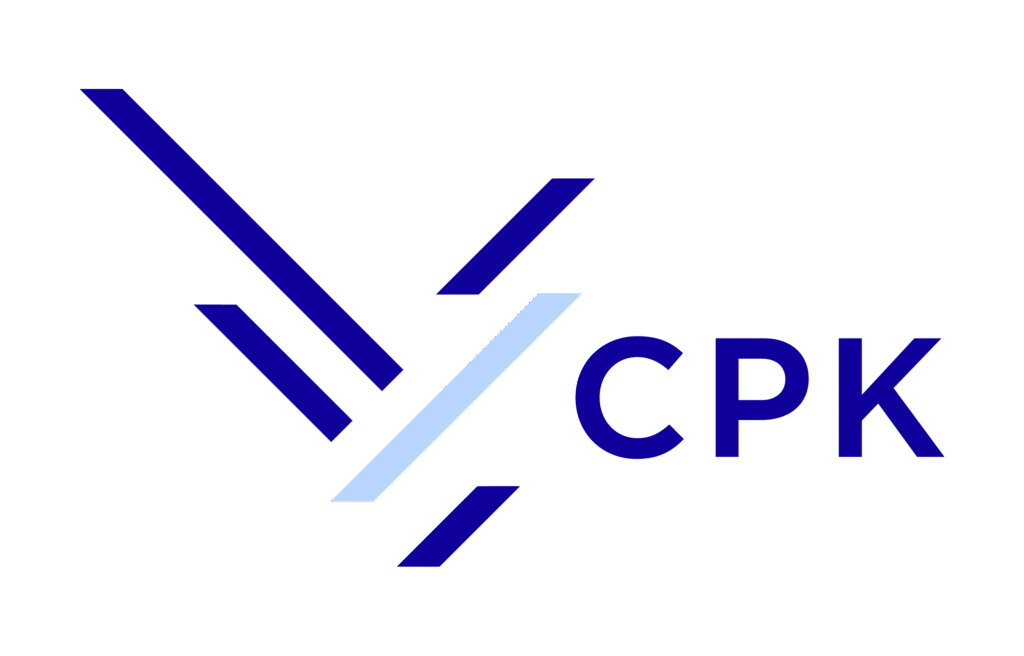Logo Centralnego Portu Komunikacyjnego w kolorze niebieskim i białym, z dynamicznymi liniami symbolizującymi nowoczesność.