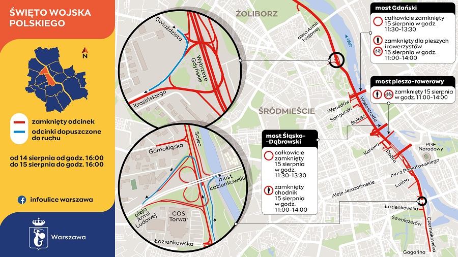 Mapa z informacjami o zamkniętych odcinkach dróg i mostów w Warszawie podczas Święta Wojska Polskiego, z zaznaczonymi godzinami.