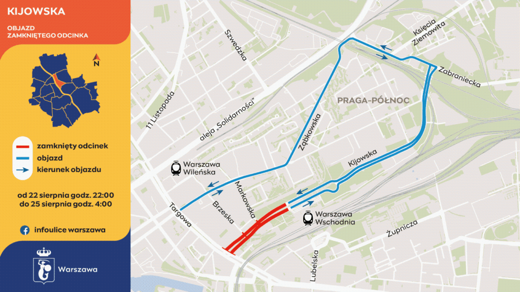 Mapa przedstawiająca objazd zamkniętego odcinka ulicy Kijowskiej w Warszawie, z zaznaczonymi trasami i stacjami tramwajowymi.
