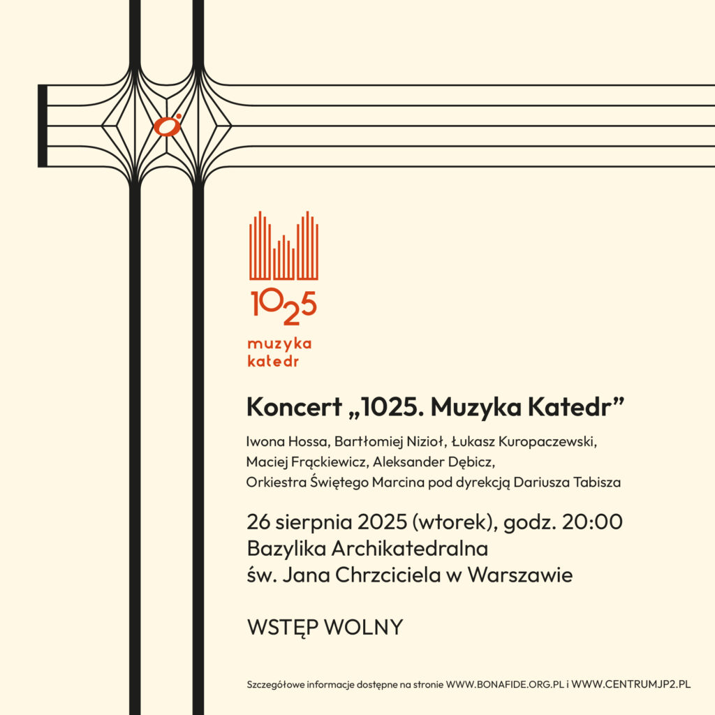 Plakat zapraszający na koncert „1025. Muzyka Katedr” z datą, godziną i informacjami o wykonawcach oraz miejscu.