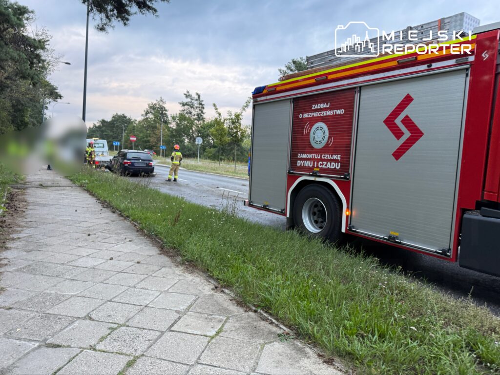 Grupa strażaków interweniuje przy uszkodzonym samochodzie na poboczu drogi, obok wozu strażackiego.