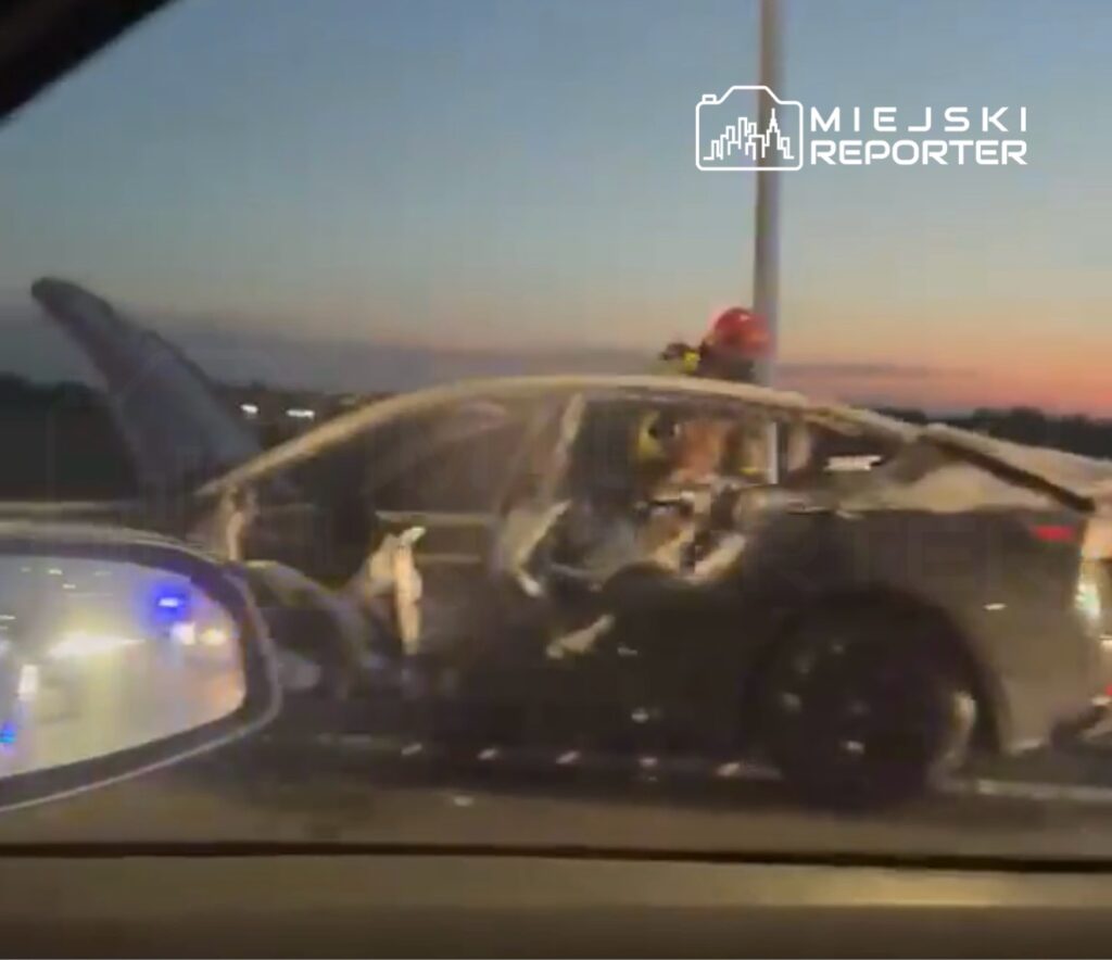 Strażak w kasku przeszukuje rozbity samochód na drodze o zmierzchu, obok widać radiowóz z włączonymi sygnałami.