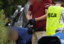 Mężczyzna w czerwonej koszulce trzyma broń, podczas gdy inny mężczyzna klęczy obok policyjnego samochodu.