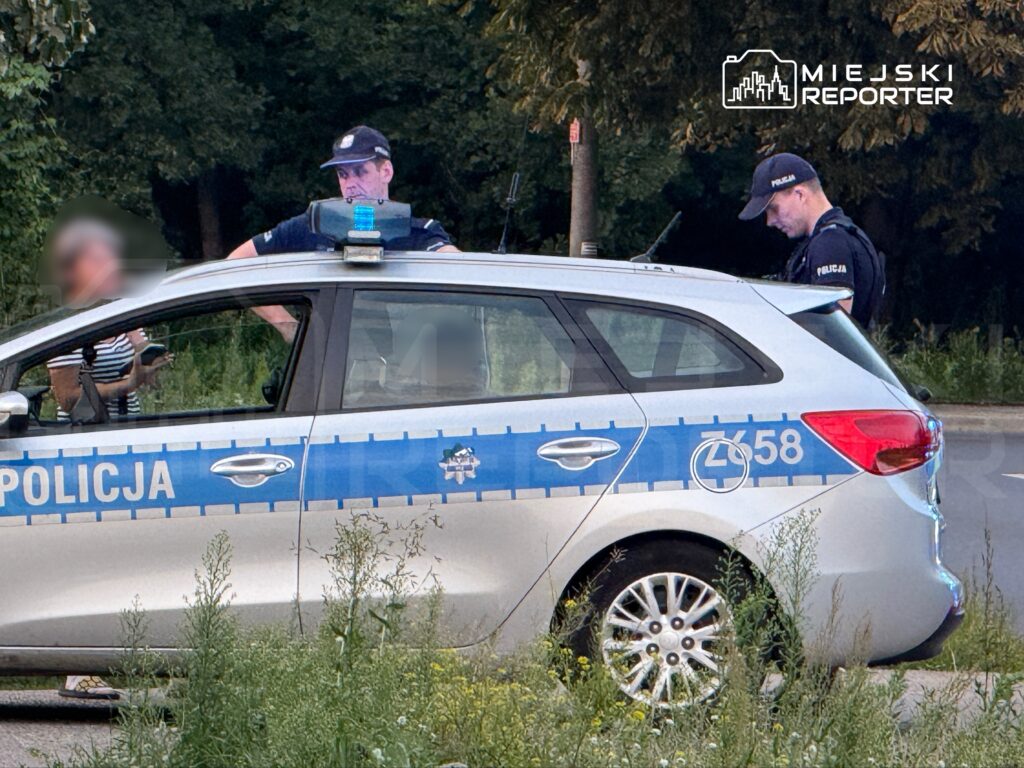 Policjanci rozmawiający z osobą stojącą obok radiowozu w otoczeniu zieleni.