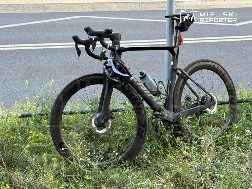 Czarny rower szosowy oparty o metalowy słupek w otoczeniu zielonej trawy i kwiatów, obok asfaltowej drogi.