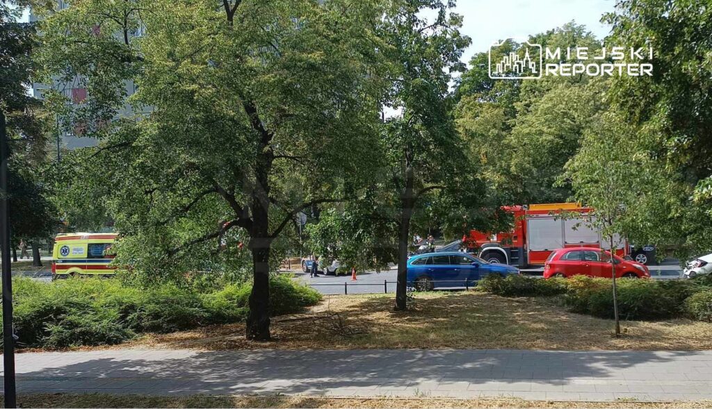 Karetka pogotowia oraz wóz strażacki stoją na ulicy, otoczone drzewami i krzewami, w tle widać ruch uliczny.