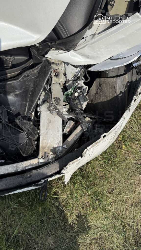 Zniszczony przód białego samochodu osobowego leżącego w trawie, z widocznymi uszkodzeniami karoserii i elementów mechanicznych.