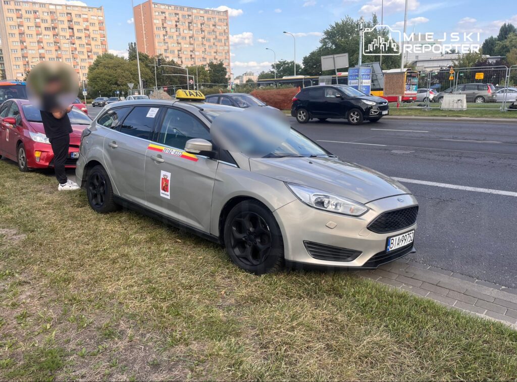 Taxi zaparkowane na trawie obok jezdni, obok mężczyzna w czarnym ubraniu korzystający z telefonu.