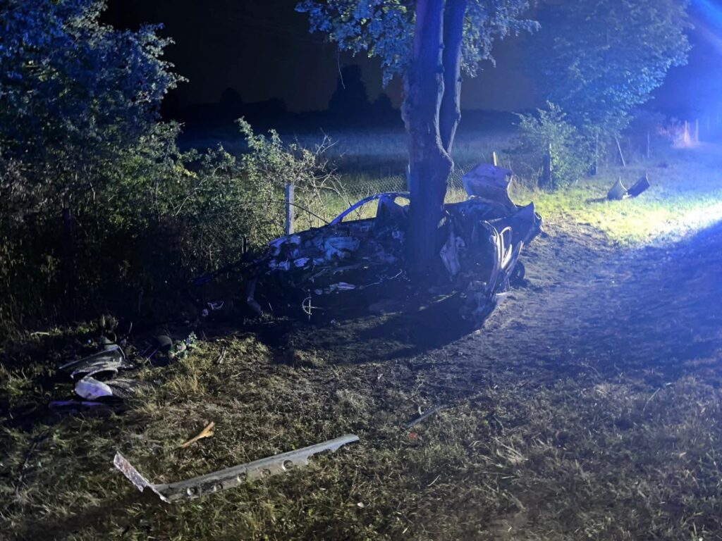Wrak samochodu osobowego uderzonego w drzewo, otoczony przez zarośla, w nocy przy oświetleniu policyjnym.