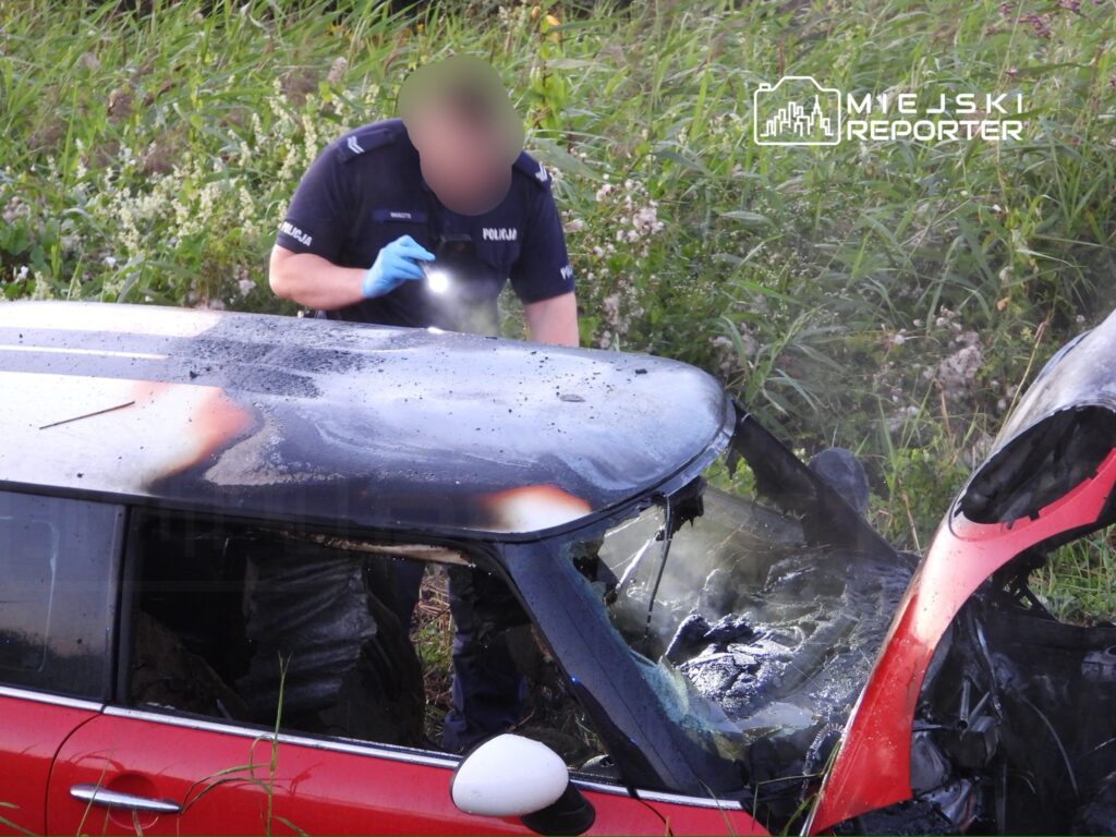 Policjant w niebieskich rękawiczkach bada uszkodzony pojazd w zaroślach po wypadku.