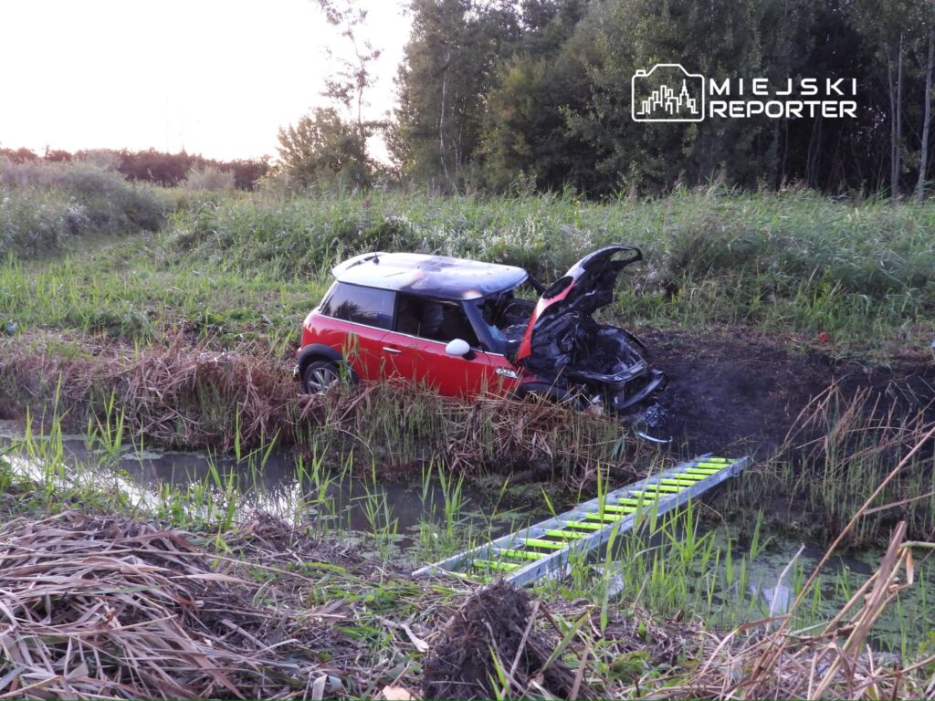 Czerwony samochód osobowy utknął w zaroślach obok wąskiego strumienia, z uszkodzoną tylną częścią i otwartą klapą.