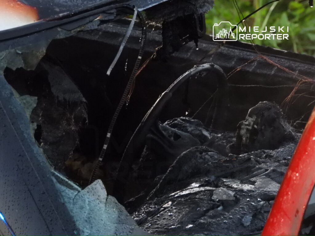 Wnętrze spalonego samochodu z uszkodzoną kierownicą i zniszczonymi elementami deski rozdzielczej, otoczone wodą.