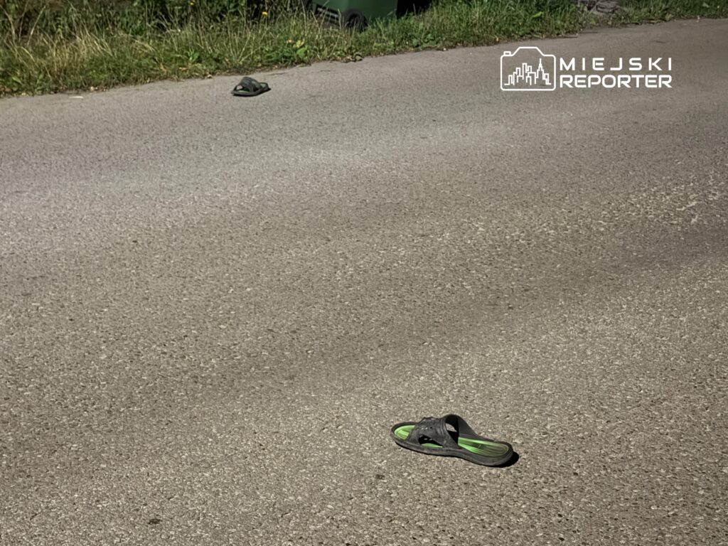 Na asfaltowej drodze leży klapek w ciemnym kolorze z zielonymi akcentami, obok widoczna trawa.