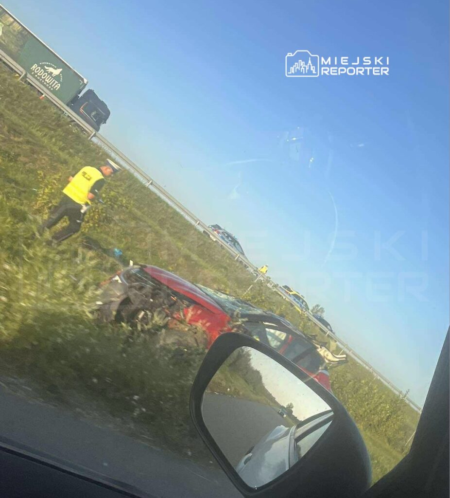 Kierowca w żółtej kamizelce bada uszkodzony czerwony samochód na poboczu drogi, obok stoją policyjne pojazdy.