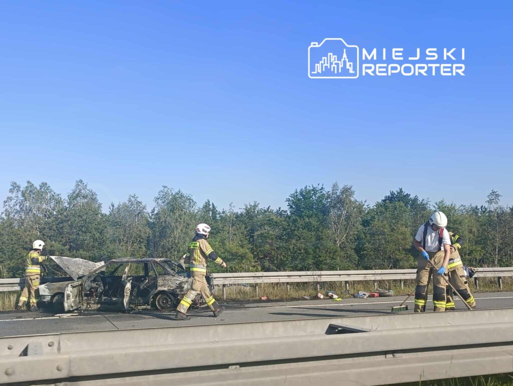 Strażacy sprzątają miejsce po pożarze samochodu na autostradzie, obok widoczne zniszczone auto i zieleń w tle.