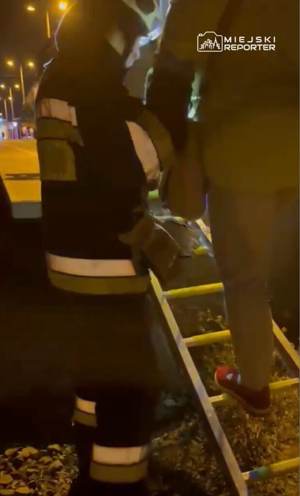Strażak w mundurze pomaga osobie schodzić po drabinie w nocy, oświetlonej przez latarnie uliczne.