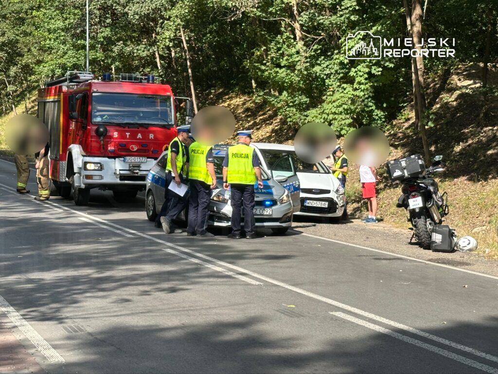 Grupa policjantów rozmawia z kierowcą uszkodzonego samochodu na poboczu drogi, obok stoi wóz strażacki.